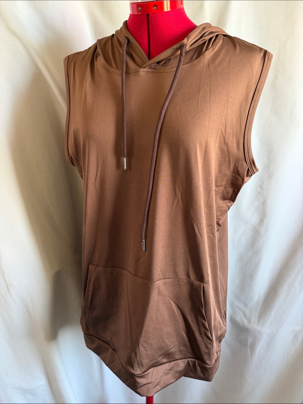 Brown Sleeveless Hooded Tank with Kangaroo Pocket